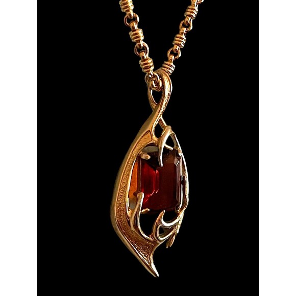 Vintage Pendant Neckless Sarah Coventry Topaz Amber Glass Gold Tone Molten Flame - Picture 4 of 11